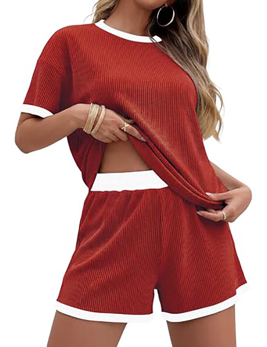 Летний полосатый комплект пижамы Color Block с коротким рукавом - Домашняя одежда Large красный