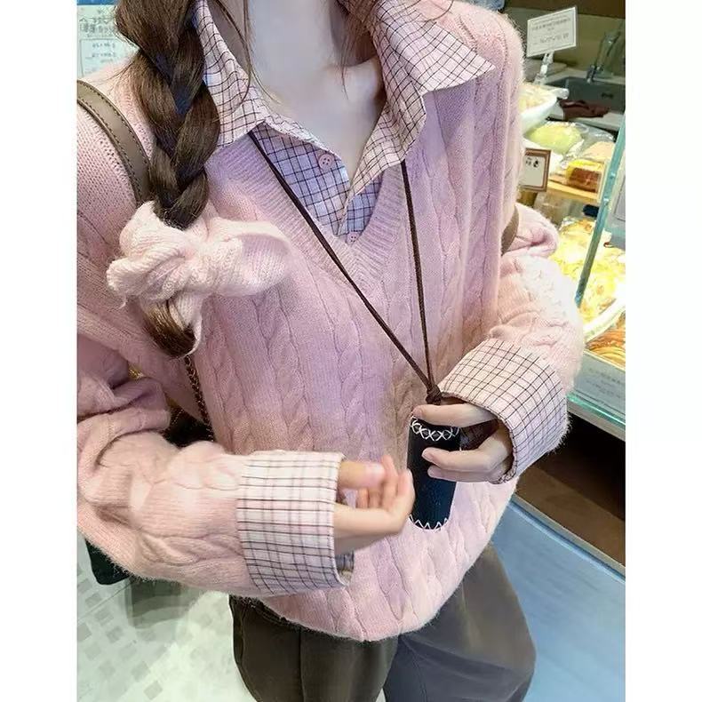Stylish age-reducing twist pink soft glutinous fake two-piece sweater women's autumn and winter shirt splicing with knitted sweater top