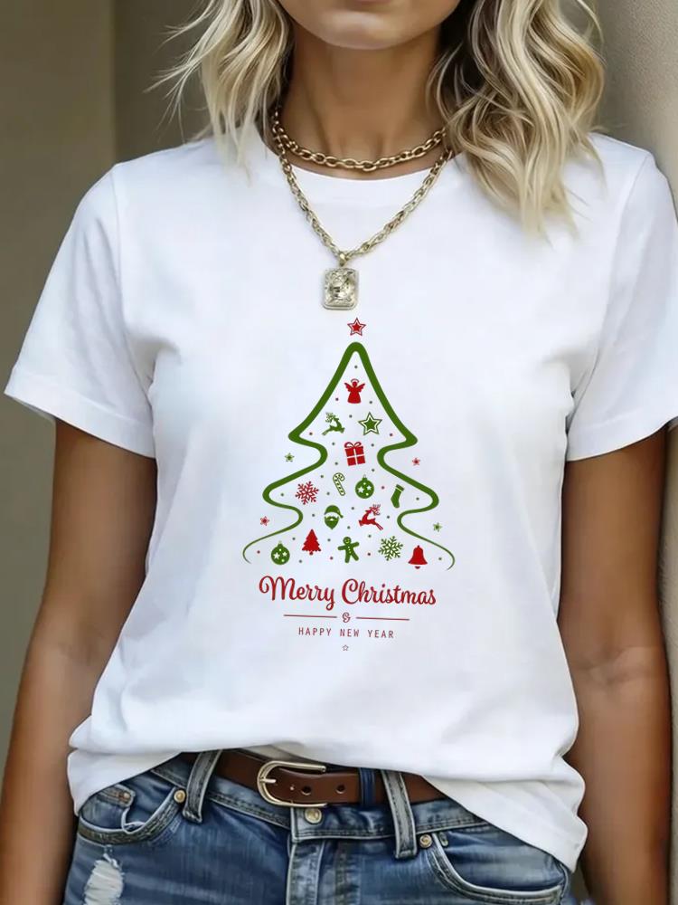 (Asian Size) Lovely Style Cute Merry Christmas Women's Top Short Sleeve T-shirts O-neck T Shirt Print Fashion Casual New Year Clothing Graphic Tee
