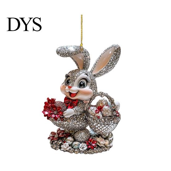 Indoor Outdoor Holiday Hanging Ornament Easter Bunny Acrylic Pendant, Cute Rabbit with Basket, 2D Car Lightweight Figurine Rearview Mirror Ornament,