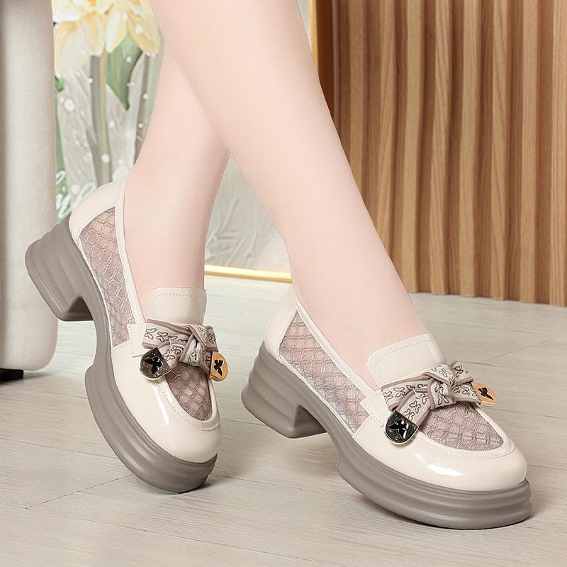 Fashion Casual Shoes For Women's Thin Hollow Mesh British Style Leather Shoes Versatile Thick Sole Women's Summer Single Shoes