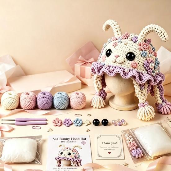 Handmade Yarn Crafts Animal Hood Hat Crochet Kit, DIY Earflap Craft Complete Knitting Materials Cute Crafting Project for Adults Teens, Gift