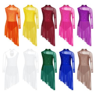Versatile Practice & Performance Dress for Kids Girls: Mock Neck with Cutout Mesh, Rhinestones for Lyrical Dance