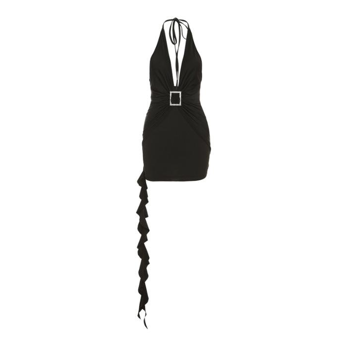 New Celebrity Sexy Low Chest Deep V-Neck Neck Dress Women s Pleated Hollow Back Hip Wrap Skirt S чёрный