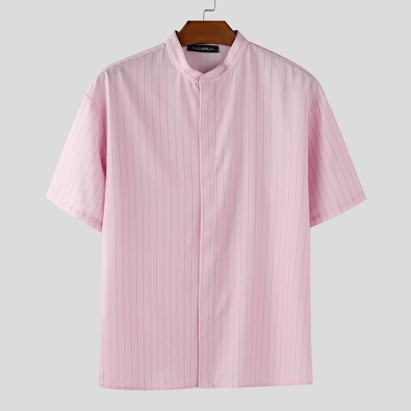 INCERUN Men Collarless Short Sleeve Striped Print Casual Office Shirts Tops