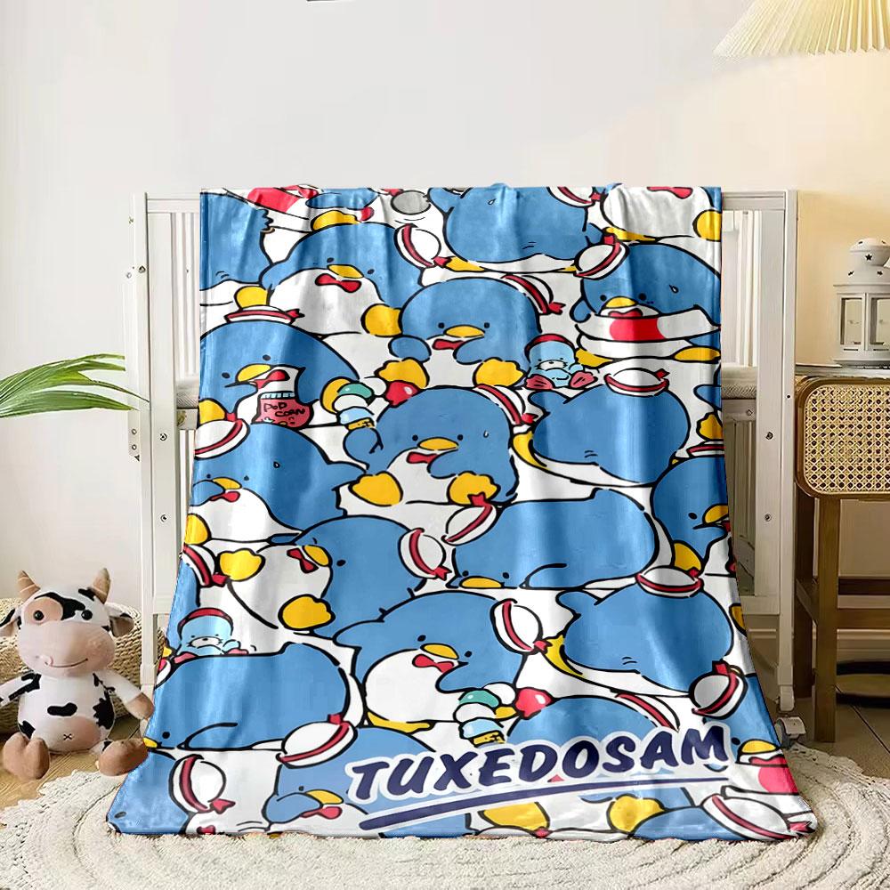 

A repeating pattern of blue penguins with hats and accessories. for all seasons blanket lunch break throw gift 80cm x 120cm