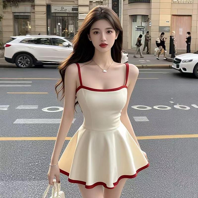 Elegant Retro French Square Neck Camisole Dress - Summer Color Block, Waist Cinched Short Skirt