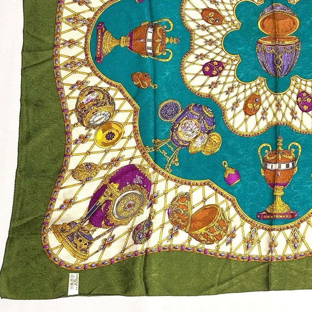 Used Excellent Condition TRUSSARDI Silk Scarf, Green Tones, Jewelry Pattern