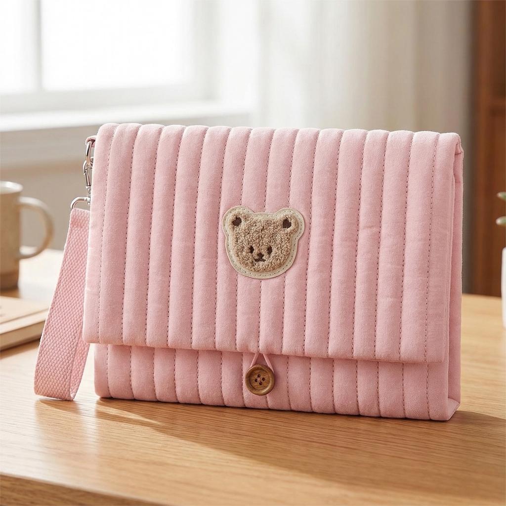 Cute Bear Embroidery Diaper Clutch Bag Foldable Quilted Diaper Pouch Multiple Pockets with Wipes Pocket Travel Essential for Mom