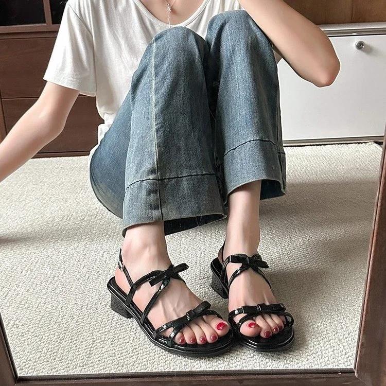 

Fashion New Women s Soft Bottom Bow Slippers Elegant Beach Sandals Sweet Fashionable Peep-toe Low Heel Luxury Line with Beach Shoes 35