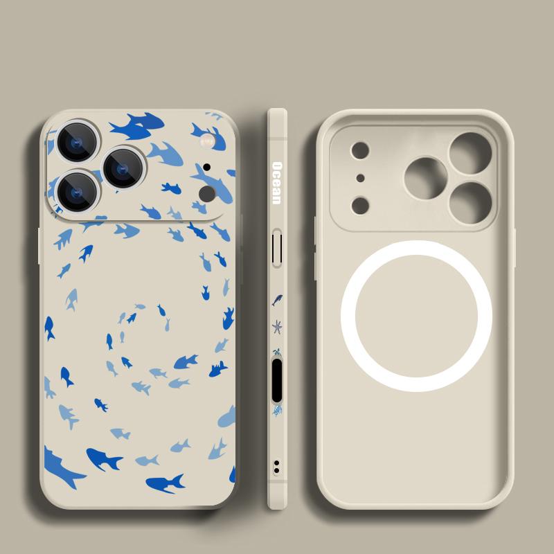 Magnetic For Magsafe Case For iPhone 17 Pro Max Blue Fish Whale Print Soft Silicone Phone Back Cover For iPhone 16 15 14 13 Pro Max 16e 17e