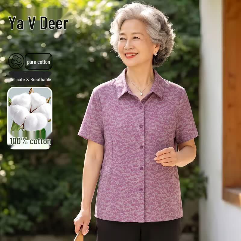 Yalu Women s Summer Pure Cotton Short-Sleeve Cardigan Shirt 2XL