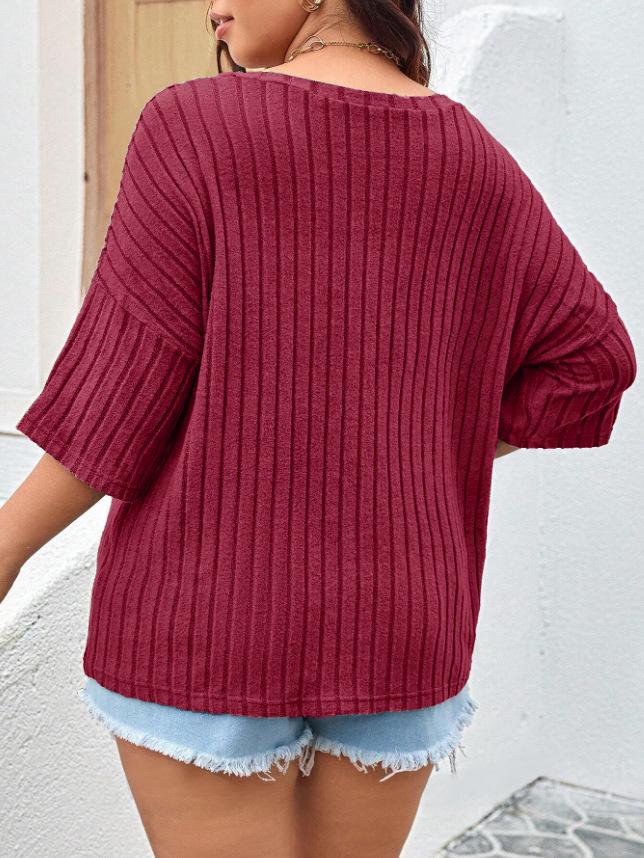 2025 Spring/Summer European & American Fashion Casual Women's Solid V-neck Pocket 3/4 Sleeve T-shirt