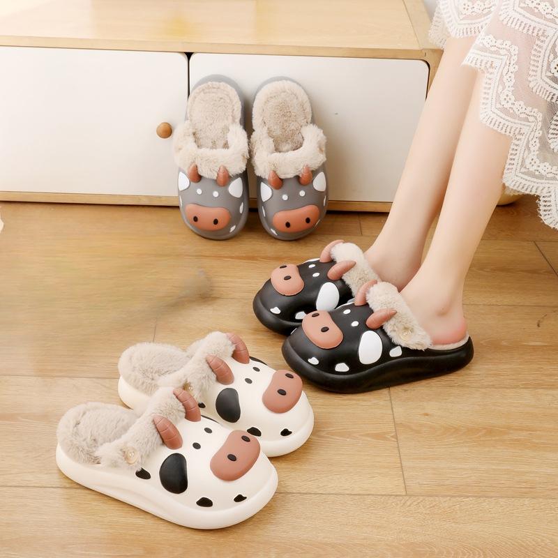 Cartoon Cotton Slippers for Women with Fleece Anti-slip and Warm Home Shoes