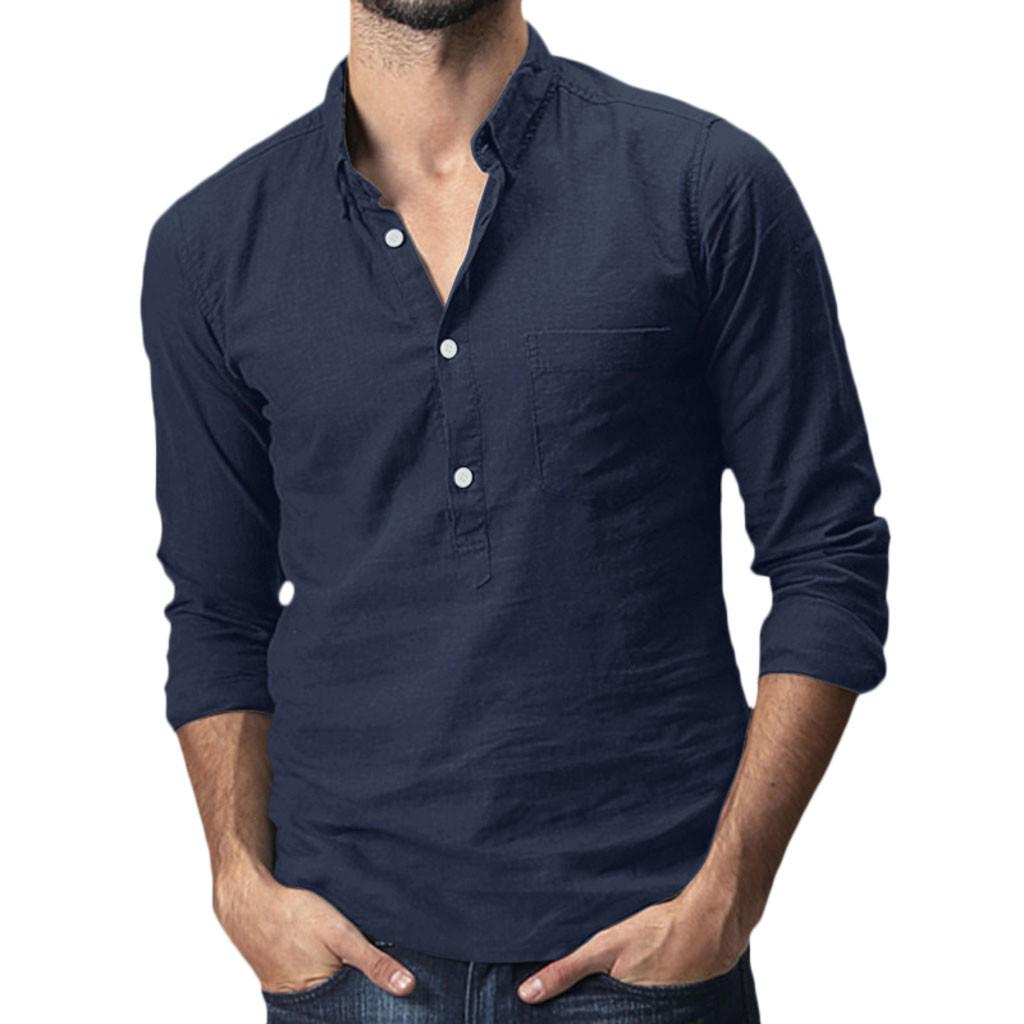 Men's Baggy Cotton Linen Solid Pocket Long Sleeve Turn-down Collar T-Shirts Tops