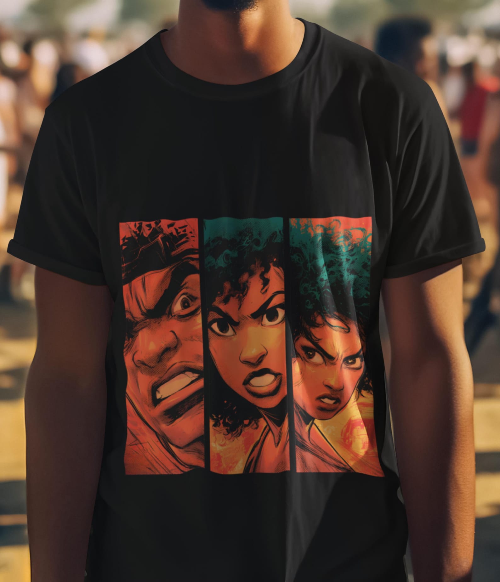 Afro Comic Faces T-Shirt | Retro Pop Art Panel Tee L