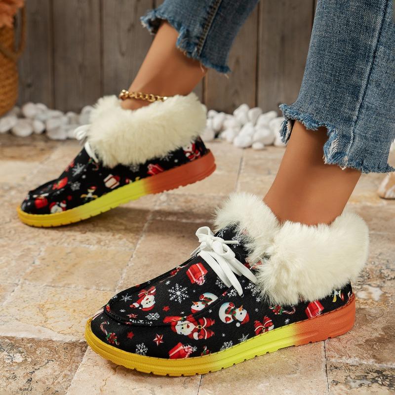 New large size cotton shoes women's snowflake Santa Claus flat casual shoes autumn and winter single shoes