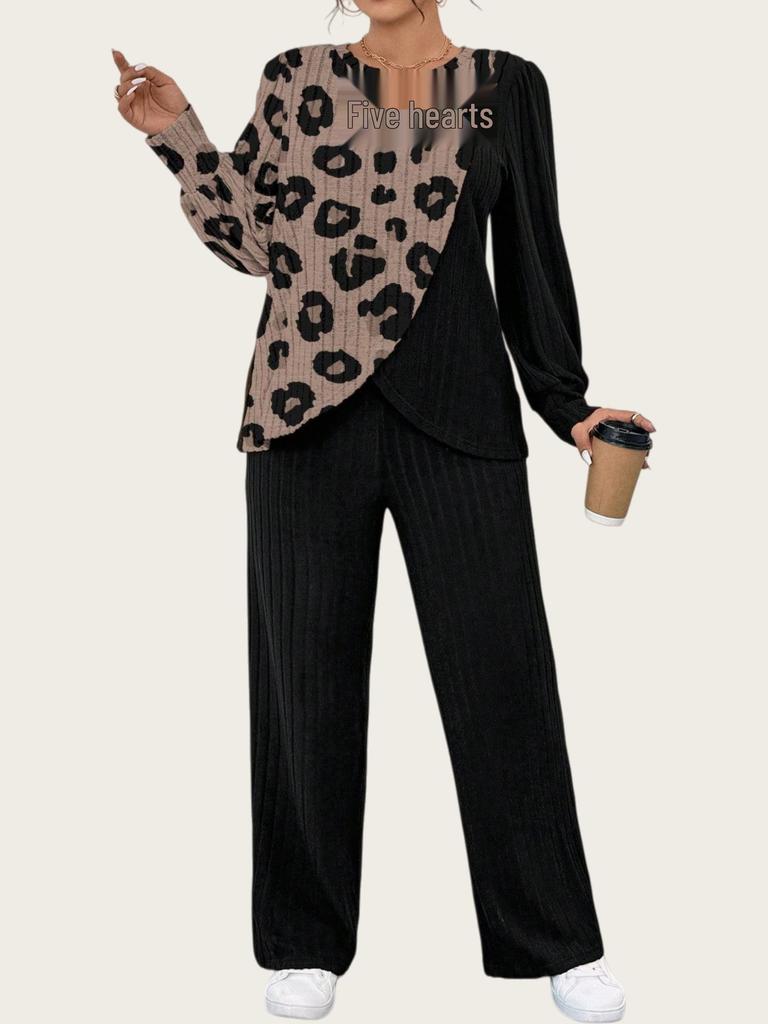 Dámská pletená souprava s barevným potiskem a rovnými kalhotami, nadměrná velikost