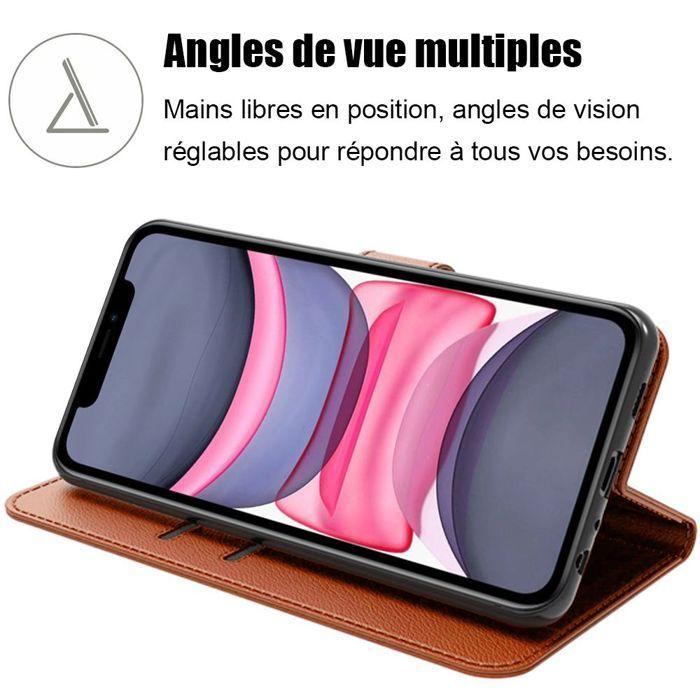Coque + 2 Verres Trempés pour iPhone 11, Antichoc Cuir Synthétique Protection 360° - Marron