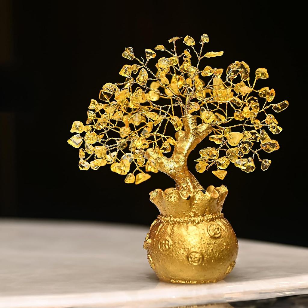 Citrine Tree Of Life Bonsai, Feng Shui, Gold Crystal Ornaments - 7 X 3 Inch