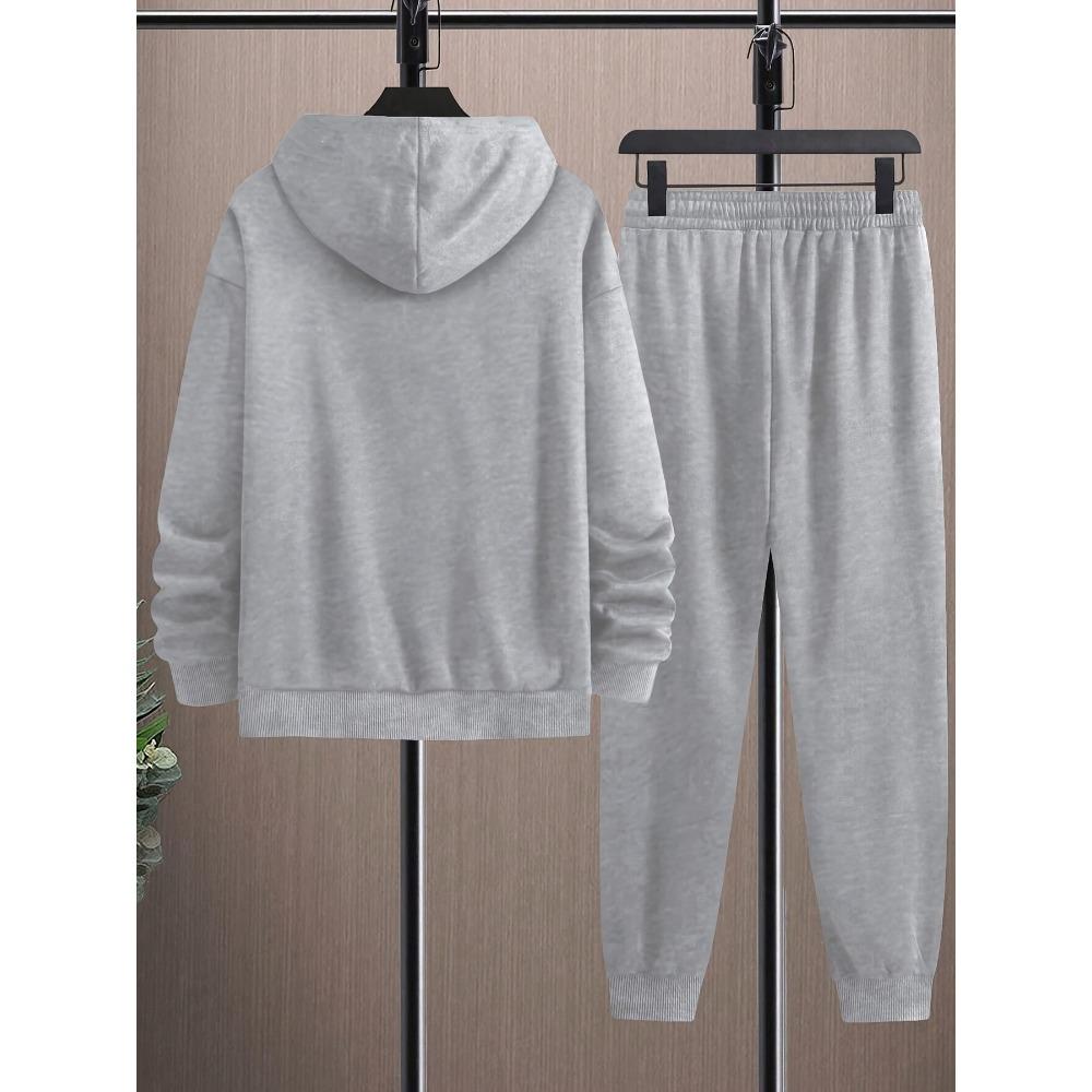 Fashionable Casual Men's Set, Printed Drawstring Pocket Hoodie and Drawstring Outdoor Casual Sports Pants Set, Cool Set