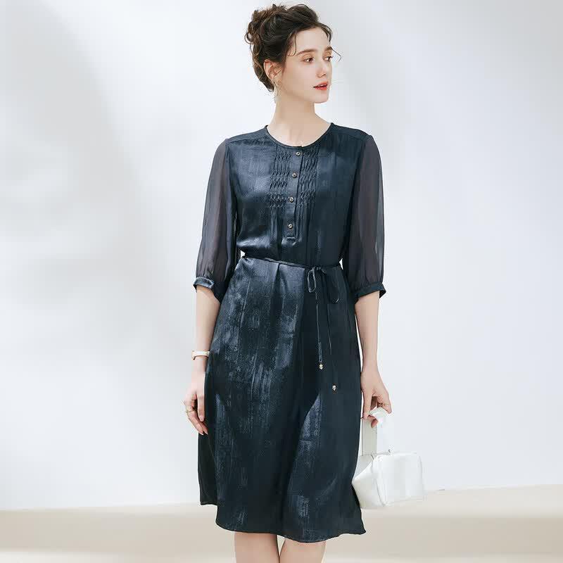 TUHUANG 100% Mulberry Silk Seven-Sleeve A-Line Dress
