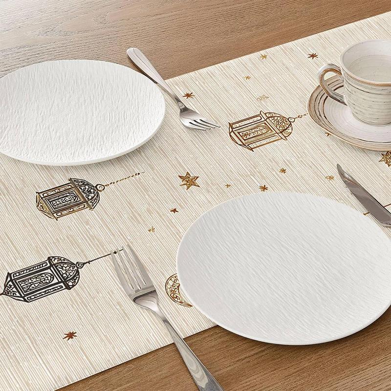 Ramadan Eid Mubarak Linen Table Runner Party Decor Washable Golden Lantern Eid Al Fitr Dining Table Runners Ramadan Decorations