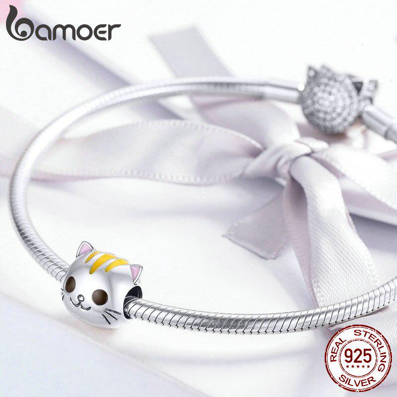 BAMOER Enamel Beads Silver 925 Baby Kitty Cat Person Charms for 3mm Snake Bracelet Must-have Charms