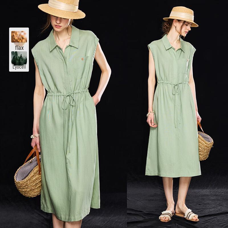 French Style Tencel Linen Drawstring Midi Dress M