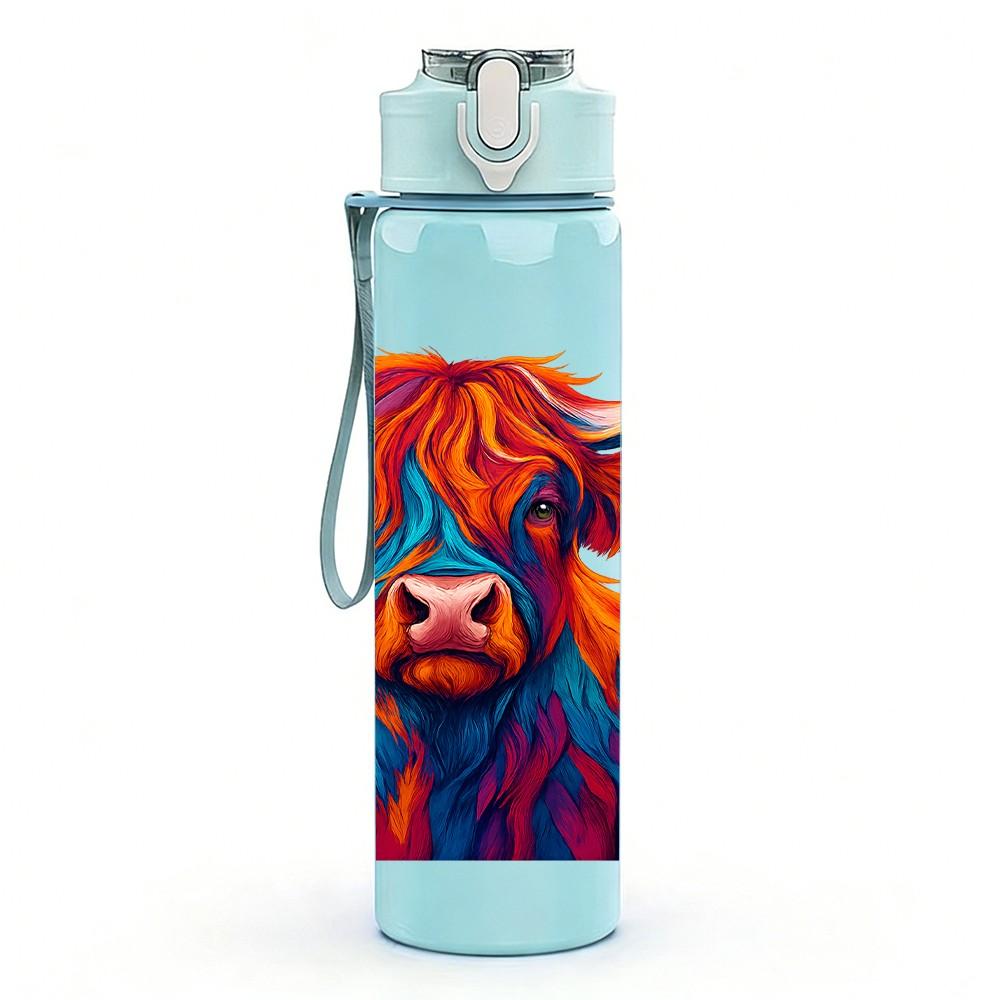 1PC Highland Cow Art Design 750ml Color Plastic Sports Water Bottle Leakproof Flip Straw Lid Suitable for Sports Office Home Use
