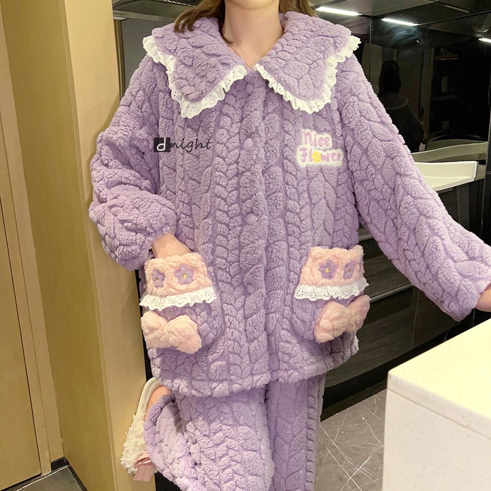 Winter Women's Warm Pajamas Set, Coral Velvet Pajamas, Flannel Thickened Cartoon Pajamas, Oversized Home Clothes, Oversized Pajamas