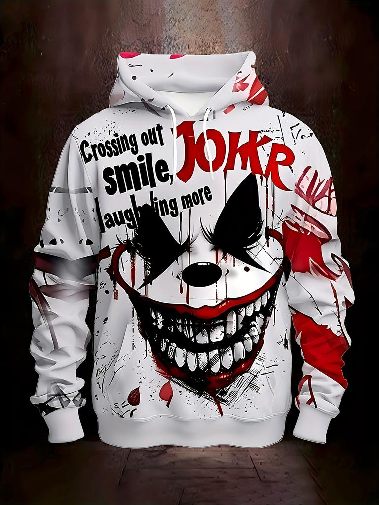 Blood Splash Clown Art Series Print Hoodie, Creepy Wide Smile Character Letter Graphics Full Graphic Loose Pullover, Great for Horror Themed Outings