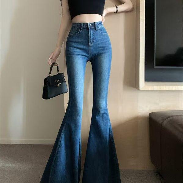 American Style High Waist Bell Bottom Jeans - Retro Wide-Leg, Floor Length, Raw Hem, Bodycon Design S (suggested 42.5-47.5 kg)