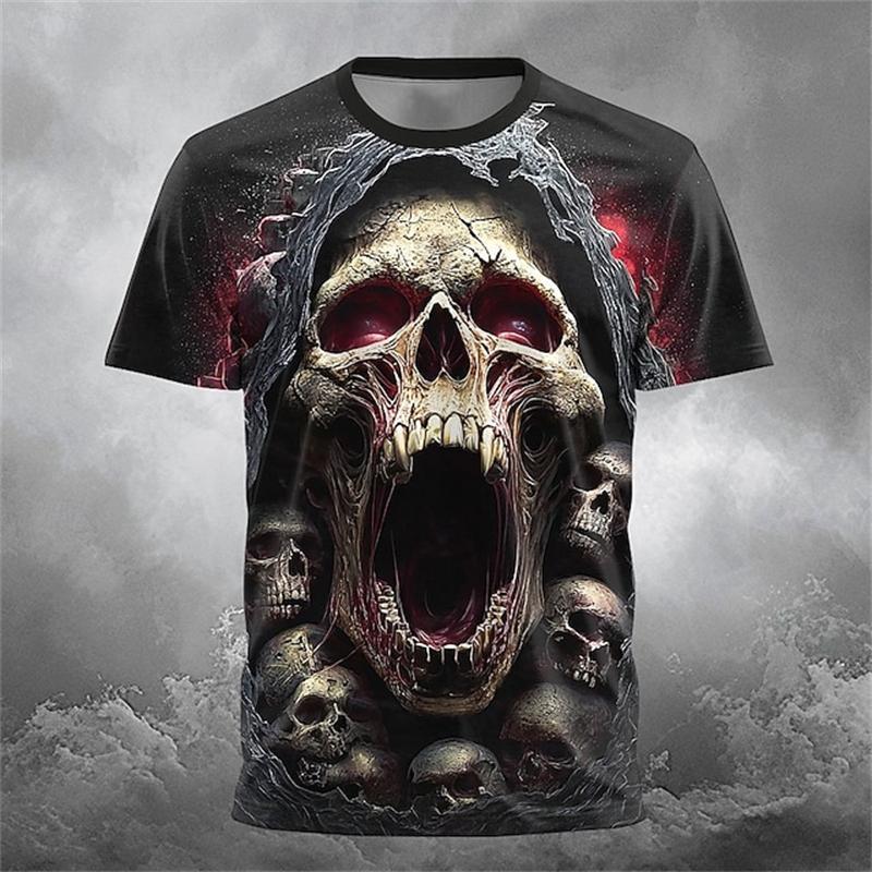 T-shirt da uomo con stampa teschio horror, estate, girocollo, manica corta, alla moda, vestibilità larga, abbigliamento streetwear vintage da uomo