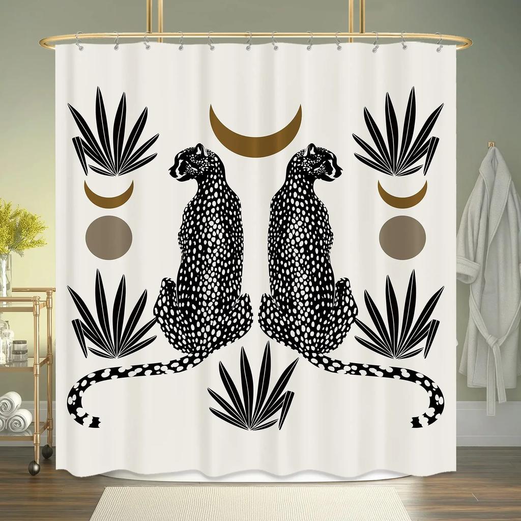 Boho Cheetah Shower Curtain,Tropical Leopard Wildlife Bath Curtain,Modern Pink Aesthetic Moon Phase Blue Floral Bathroom Curtain