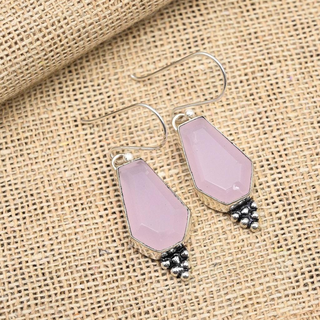Pink Chalcedony Gemstone Handmade 925 Sterling Silver Earring Jewelry For Love
