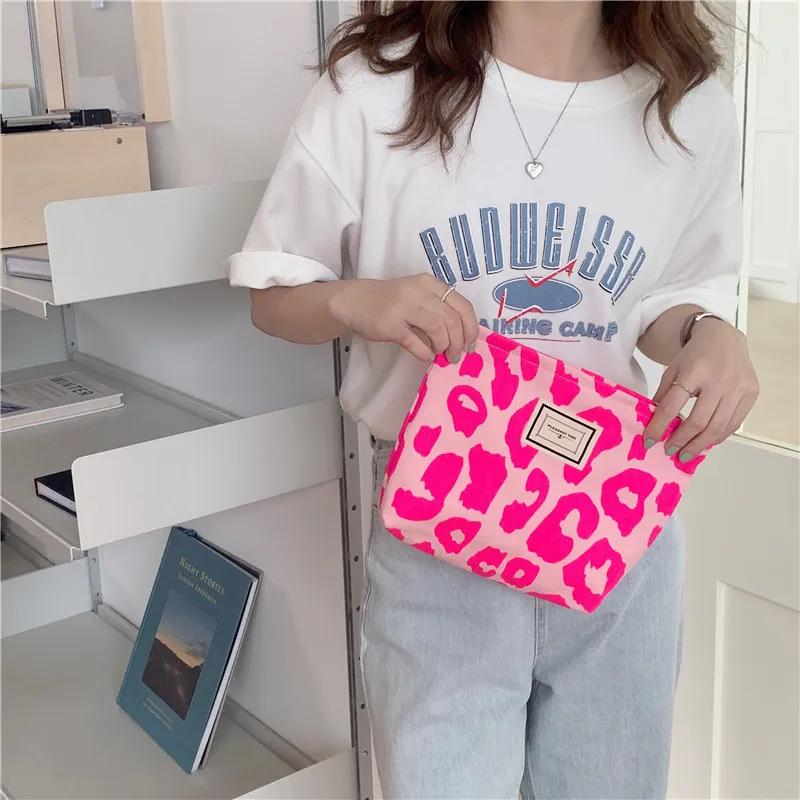 Pink Leopard Print Women's Cosmetic Bag Retro Flower Ladies Small Clutch Purse Travel Handbags Schoolgirl's Pencil Storage Bags