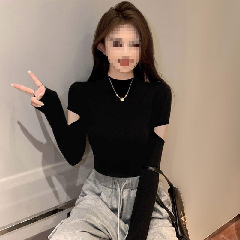 Women's Black Ribbed Slimming Semi-High Neck Knitted Top - Long Sleeve Autumn/Winter Fashion