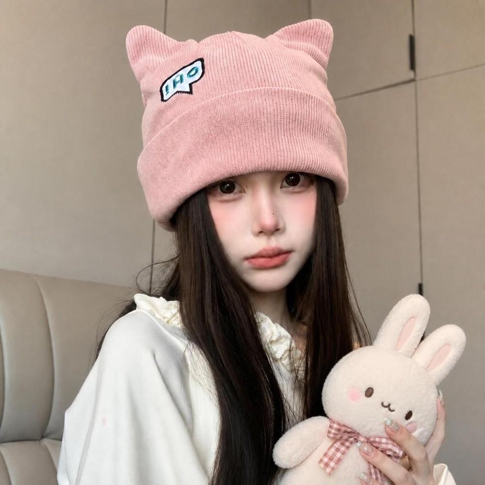 Polyester Cat Ear Beanie Hat Large Head Circumference Fall Winter Skull Cap Casual Use