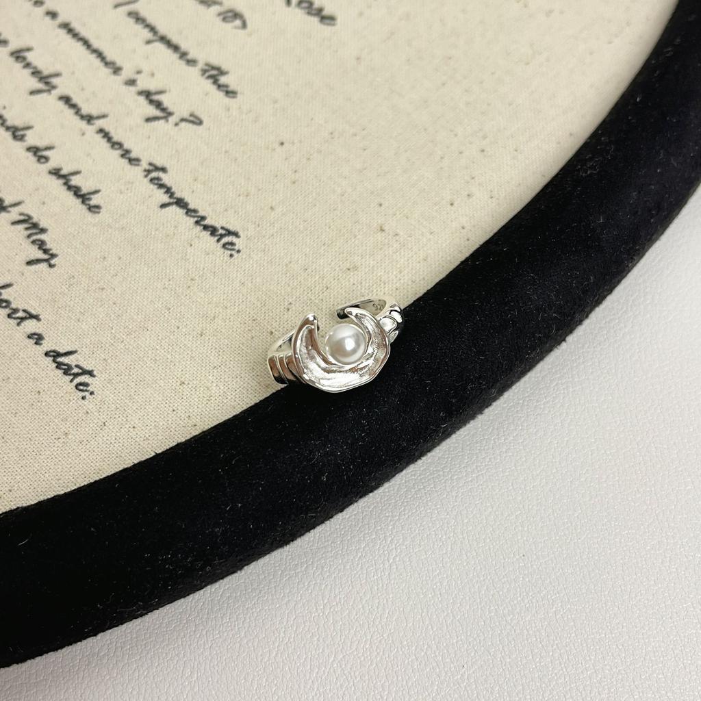 PANJBJ 925 Sterling Silver Pearl Moon Ring for Women Frosting Texture Irregular Trend Adjustable Jewelry Party Gift Dropshipping