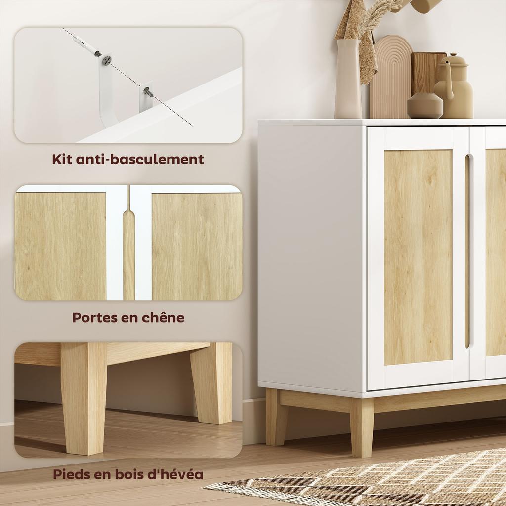 Sideboard, Storage Unit, 2 Doors, 4 Drawers, Adjustable Shelf, 120 x 40 x 86 cm, White and Oak