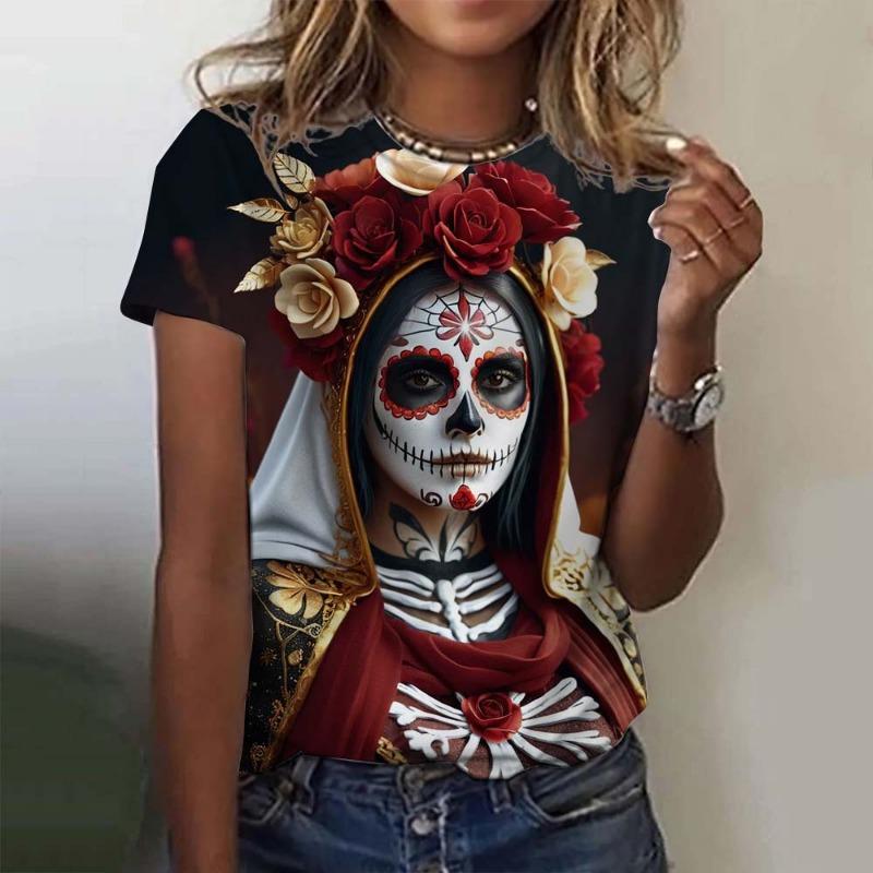 Fashion Women's T-shirt for Girls Summer Short Sleeve Sexy Girls Clothes Day of the Dead Undead Skull Pattern oversized T-shirts