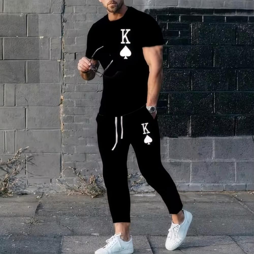 Summer Men's Top 3D Printed Casual Streetwear Retro Sportswear Short Sleeved T-shirt Long Sleeved Sweatpants Two-piece Set