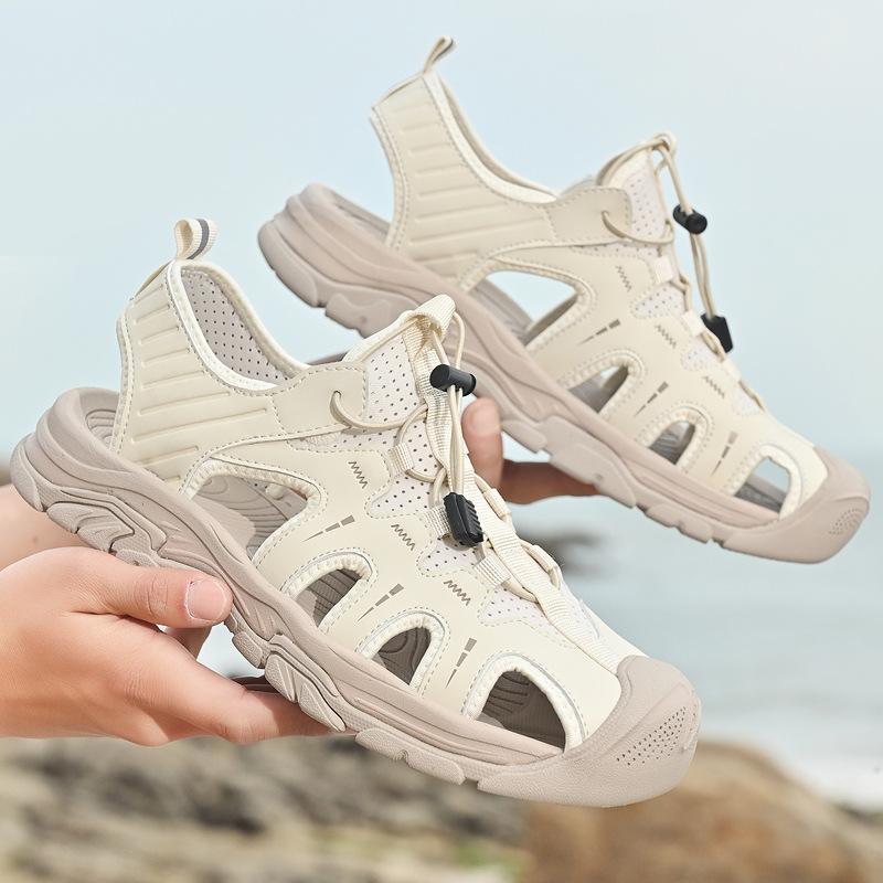 Men's Leather Sandals Summer Outdoor Hiking Shoes Water Wading Anti Slip Toe Wrapped Beach Shoes Size 38-45