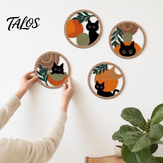 Nursery Wall Decor 4Pcs Black Cat Set, Boho Cartoon Hanging Art, Bedroom Art Farmhouse Rustic Wooden Plants Sign for Living Room Office Animal