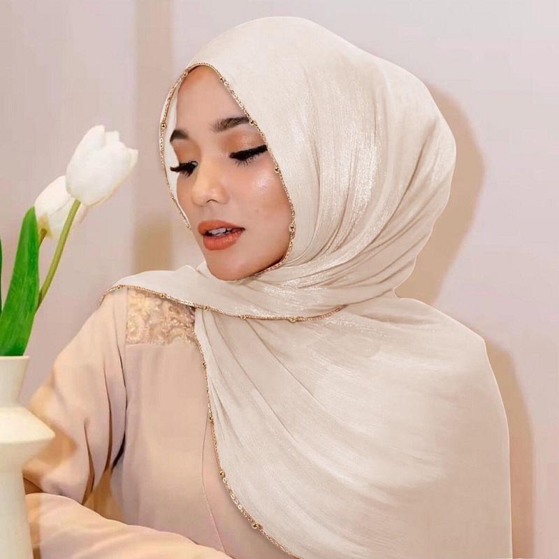 New Beading Silk Crinkle Hijab Scarf Women Shimmer Shawls Plain Muslim Women Hijabs Islam Turban Pleated Scarf Ramadan