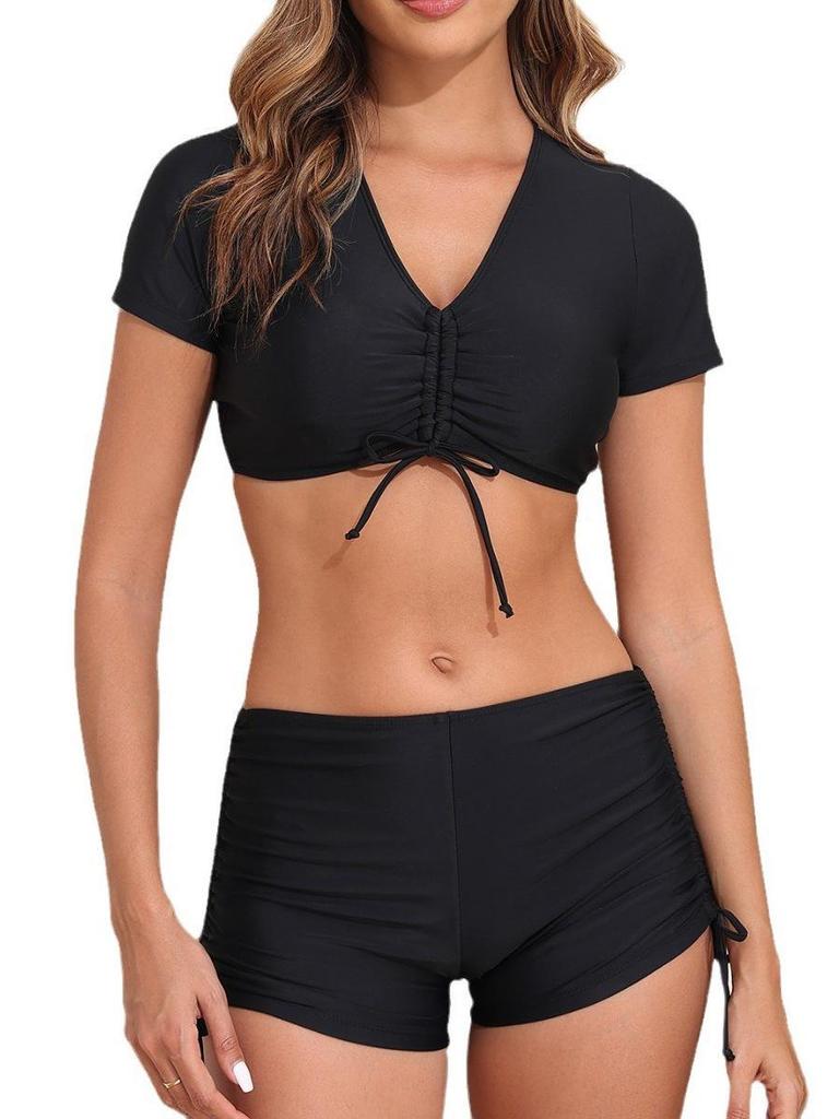 European & American Women's Solid Color High-Waisted Two-Piece Swimsuit Bikini