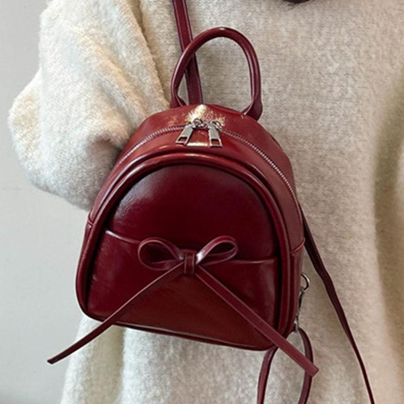 Cute Bow Solid Zipper  Pu Backpack Women'S Simple Waterproof Bag Large Capacity Travel Backpack Girly Student School Bags