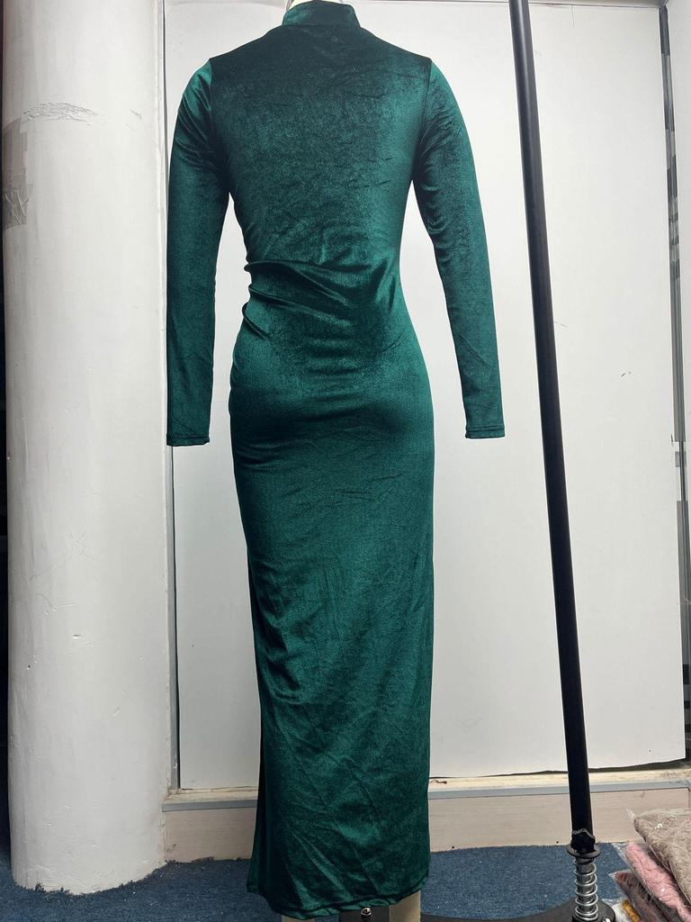 European and American Style High-Neck Velvet Slim Pleated Split Dress for Women - 2024 Autumn/Winter Collection