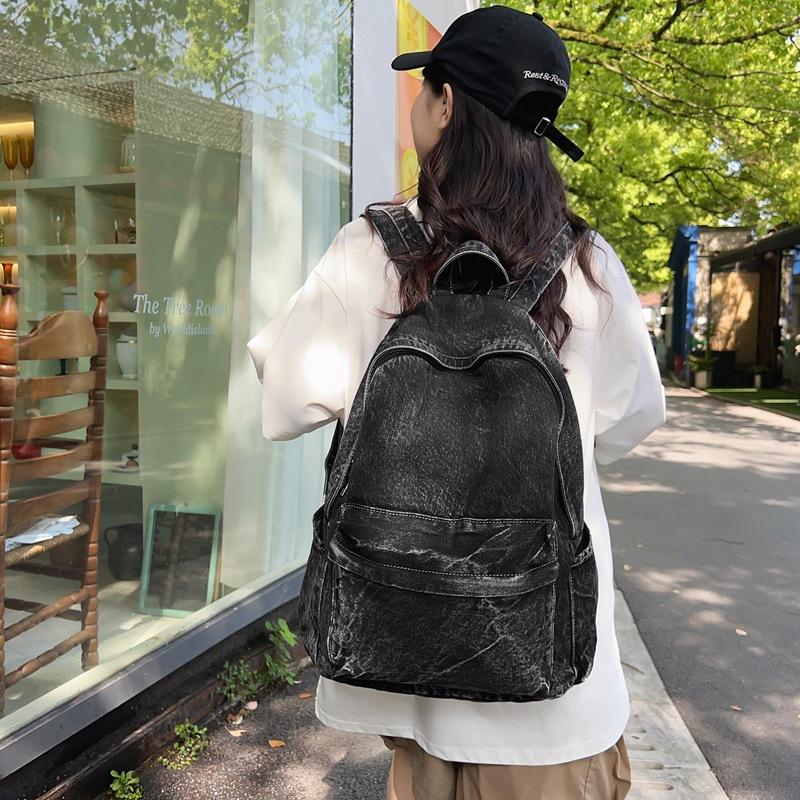 Schoolbag Hong Kong Style Denim Backpack Women's Fashion Autumn New Products Large Capacity Versatile Lightweight Backpack Student School Bag
